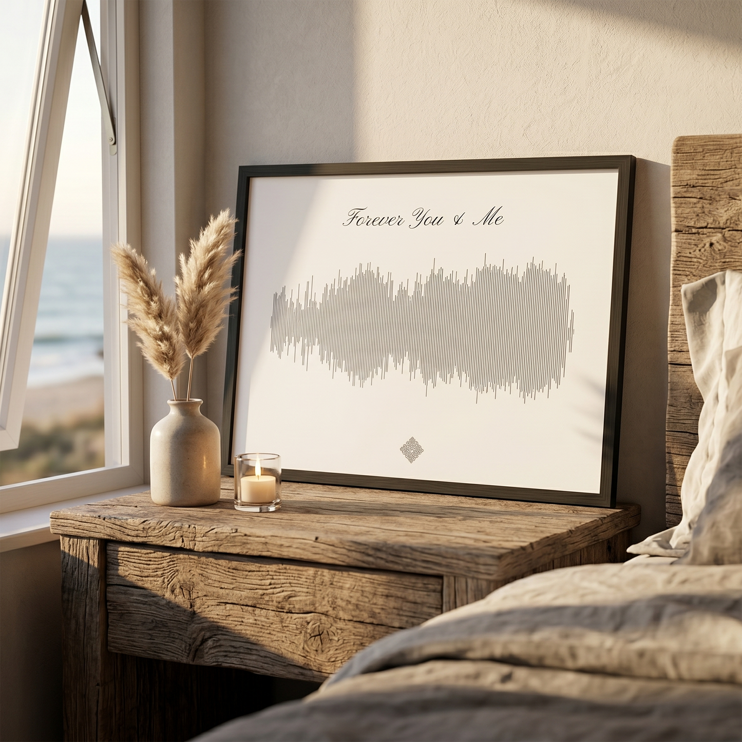 Framed custom sound wave art print on a bedside table