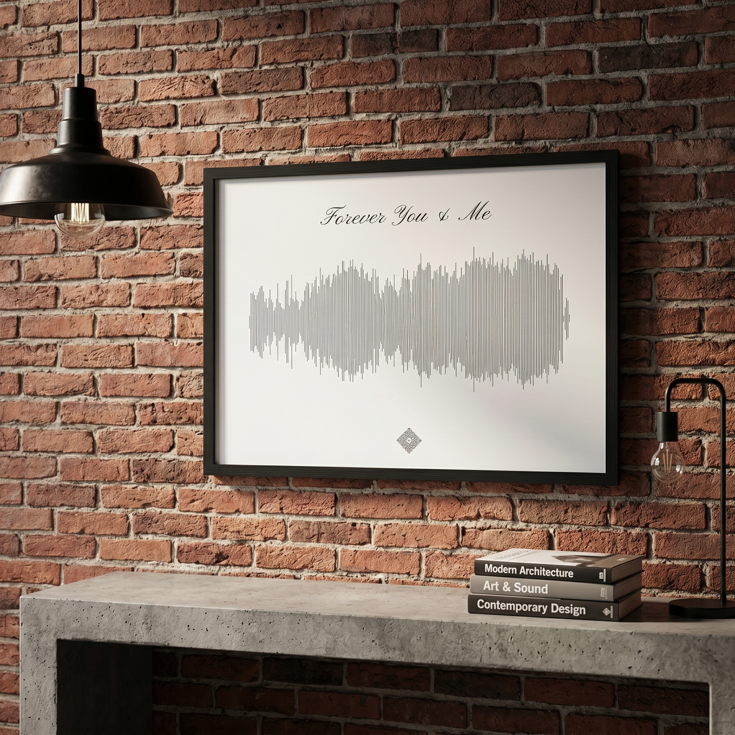 Framed soundwave art print hanging on an exposed brick wall