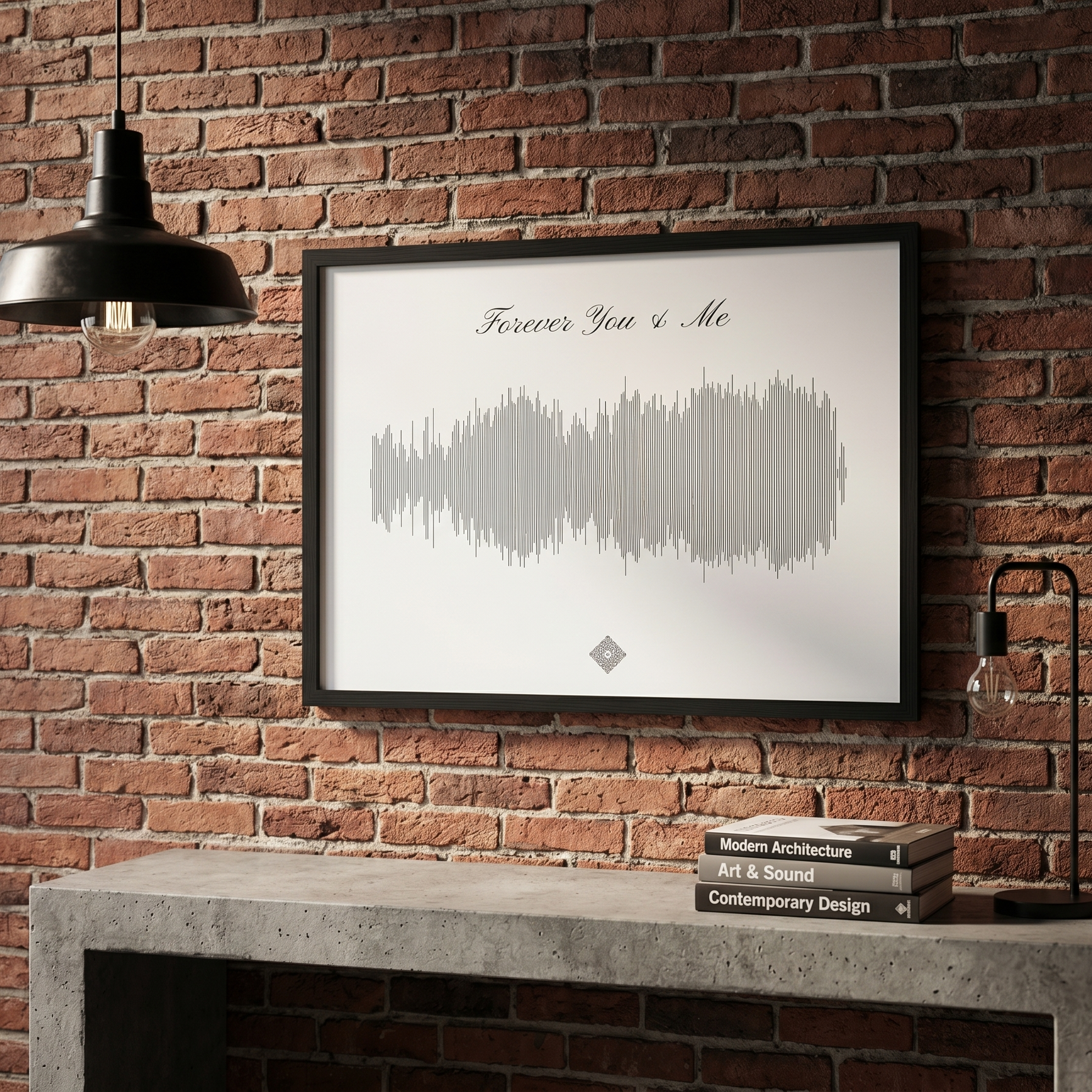 Framed soundwave art print hanging on an exposed brick wall