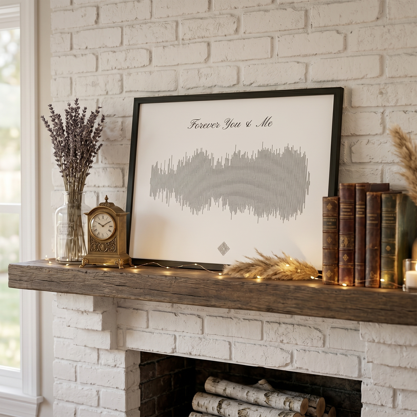 Personalized soundwave print in a black frame on a white brick mantel