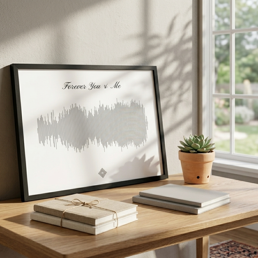 Framed soundwave art print on an wooden table