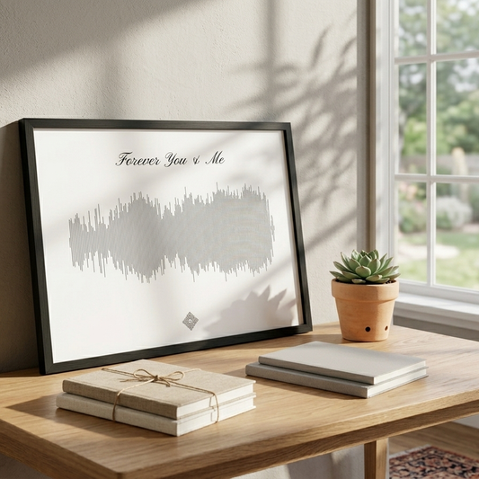 Framed soundwave art print on an wooden table